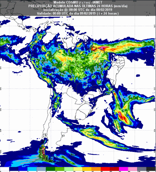 Mapa com a previsão de precipitação acumulada para até 174 horas (09/02 a 15/02) em todo o Brasil - Fonte: Inmet