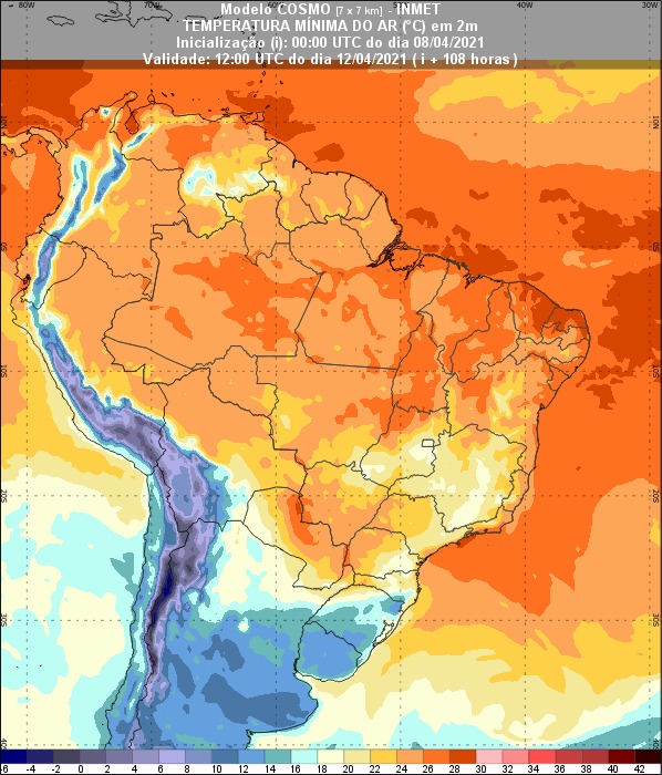 Mapa de temperatura mínima em todo o Brasil no dia 12 - Fonte: Inmet