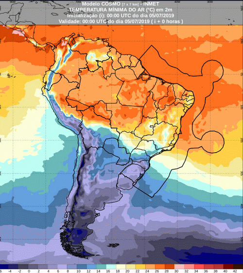 Mapa com a previsão de temperatura mínima para até 93 horas (05/07 a 08/07) em todo o Brasil - Fonte: Inmet