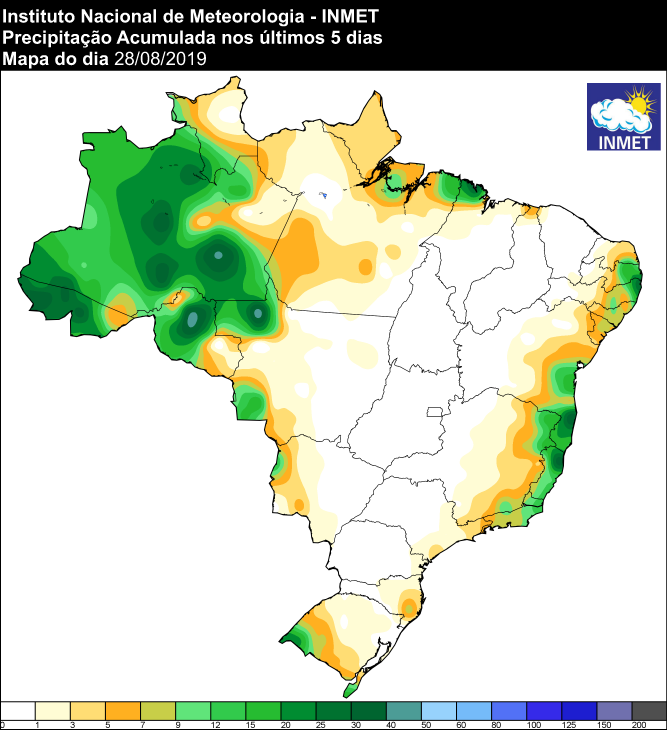 Mapa de precipitação acumulada para dos últimos 5 dias em todo o Brasil - Fonte: Inmet