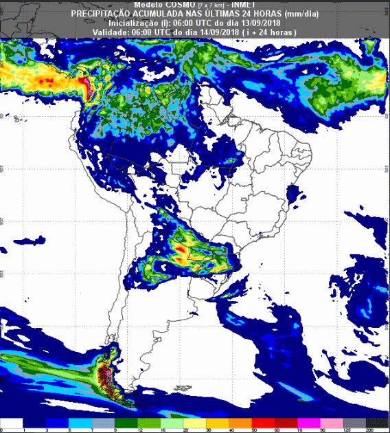 Mapa com a previsão de precipitação acumulada para até 72 horas (14/08 a 16/09) em todo o Brasil - Fonte: Inmet