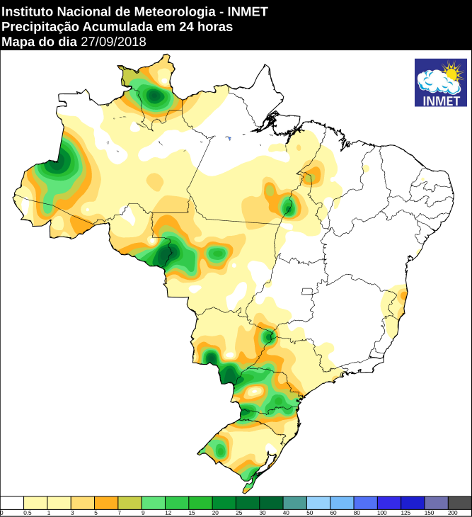 Mapa com a precipitação acumulada nas últimas 24 horas em todo o Brasil - Fonte: Inmet