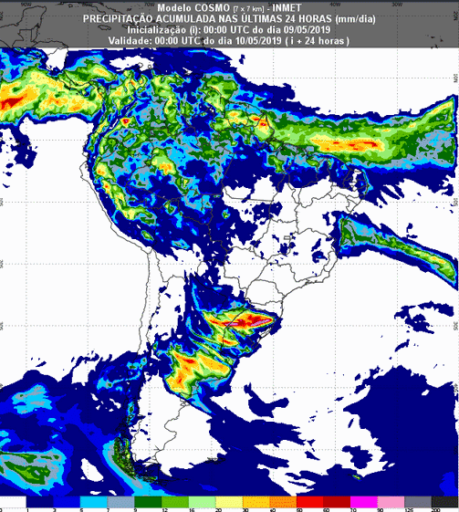 Mapa com a previsão de precipitação acumulada para até 93 horas (10/05 a 12/05) em todo o Brasil - Fonte: Inmet