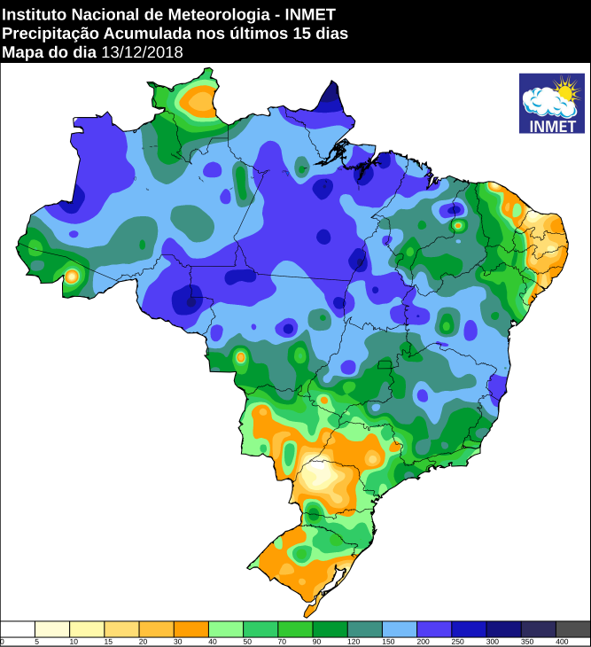 Mapa de precipitação acumulada nos últimos 15 dias em todo o Brasil - Fonte: Inmet