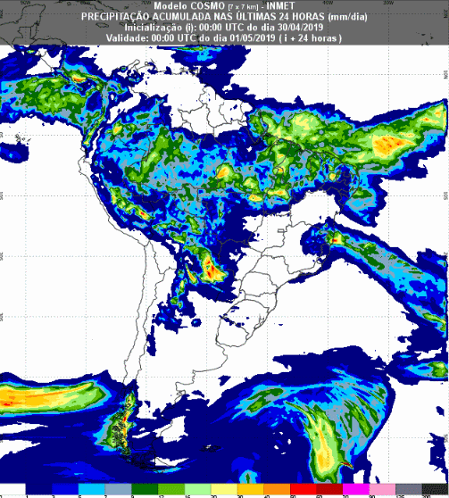 Mapa com a previsão de precipitação acumulada para até 93 horas (01/05 a 03/05) em todo o Brasil - Fonte: Inmet