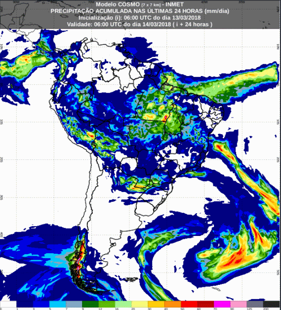 Mapa com a previsão de precipitação acumulada para até 72 horas (14/03 a 16/03) para todo o Brasil - Fonte: Inmet
