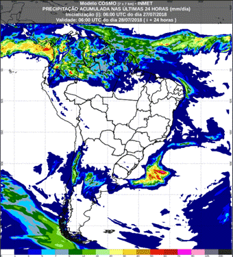Mapa com a previsão de precipitação acumulada para até 174 horas (28/07 a 03/08) em todo o Brasil - Fonte: Inmet