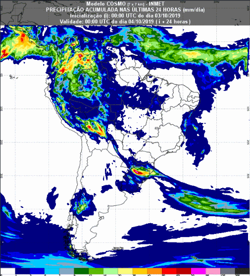 Mapa com a previsão de precipitação acumulada para até 93 horas (04/10 a 06/10) em todo o Brasil - Fonte: Inmet