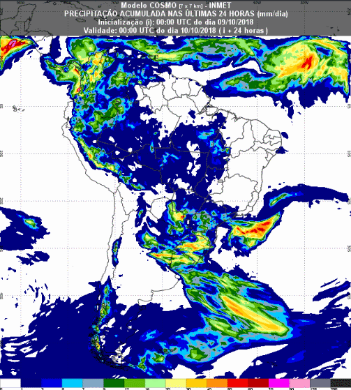 Mapa com a previsão de precipitação acumulada para até 72 horas (10/10 a 12/10) em todo o Brasil - Fonte: Inmet