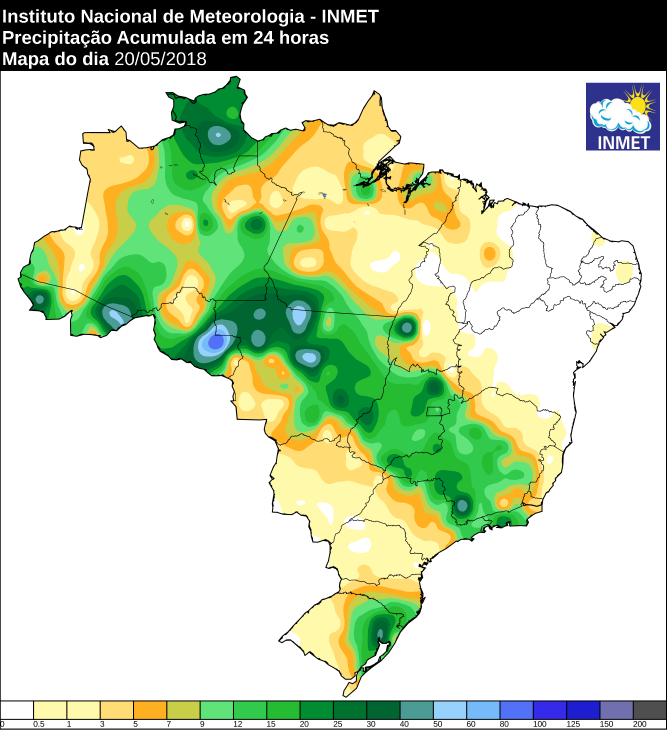 Mapa com a precipitação acumulada em todo o Brasil nas últimas 24 horas - ​Fonte: Inmet