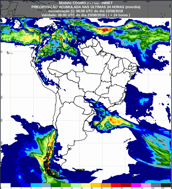 Mapa com a previsão de precipitação acumulada para até 72 horas (23/08 a 25/08) em todo o Brasil - Fonte: Inmet