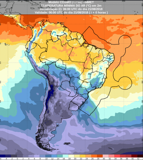 Mapa com a previsão de temperaturas mínimas para até 72 horas (22/08 a 24/08) em todo o Brasil - Fonte: Inmet