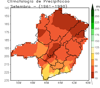 Figura 5 – Distribuição das chuvas em Minas Gerais, para os meses setembro, outubro e novembro, médias climatológicas 1961-1990