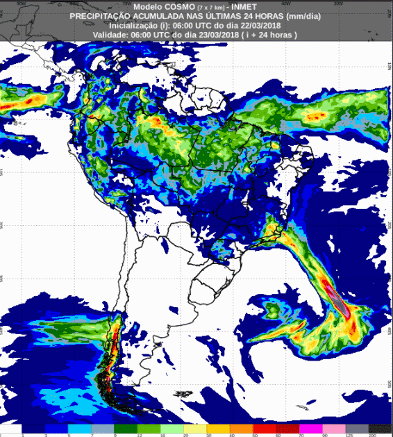 Mapa com a previsão de precipitação acumulada para até 72 horas (23/03 a 25/03) para todo o Brasil - Fonte: Inmet