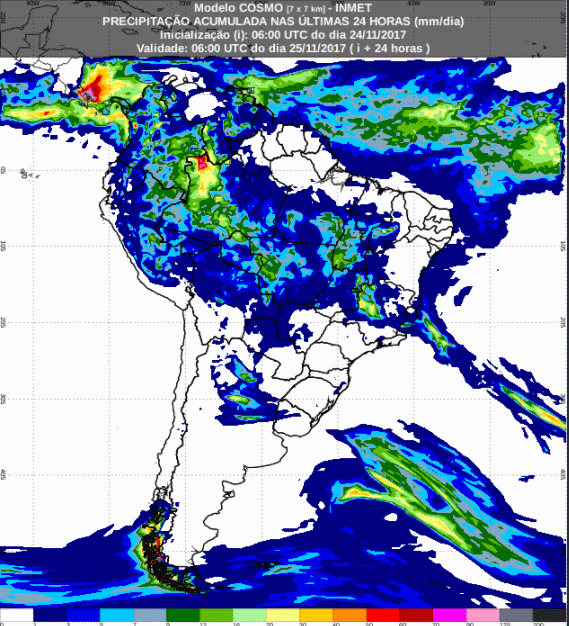 Mapa com a previsão de precipitação acumulada para até 72 horas (25/11 a 27/11) para todo o Brasil - Fonte: Inmet