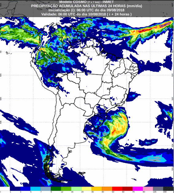 Mapa com a previsão de precipitação acumulada para até 72 horas (10/08 a 12/08) em todo o Brasil - Fonte: Inmet