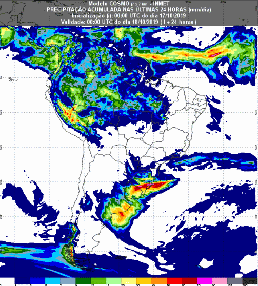 Mapa com a previsão de precipitação acumulada para até 93 horas (18/10 a 20/10) em todo o Brasil - Fonte: Inmet