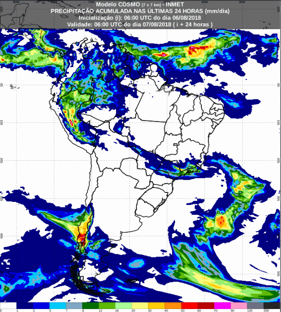 Mapa com a previsão de precipitação acumulada para até 63 horas (07/08 a 08/08) em todo o Brasil - Fonte: Inmet