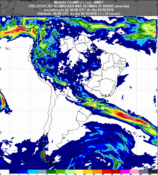 Mapa com a previsão de precipitação acumulada para até 72 horas (04/10 a 06/10) em todo o Brasil - Fonte: Inmet