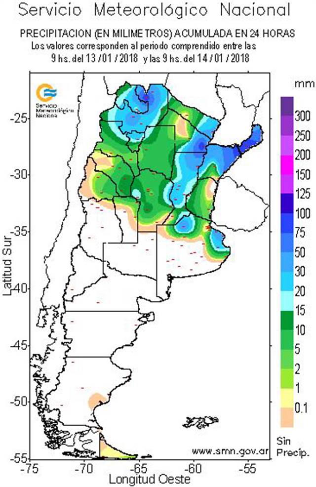 Chuvas acumuladas entre as 9h de sábado (13) e 9h de domingo (14) na Argentina