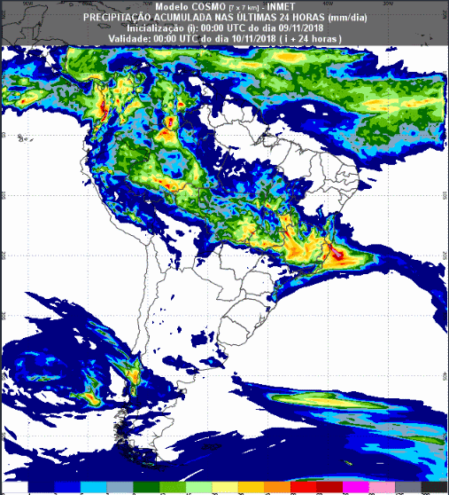 Mapa com a previsão de precipitação acumulada para até 72 horas (10/11 a 12/11) em todo o Brasil - Fonte: Inmet