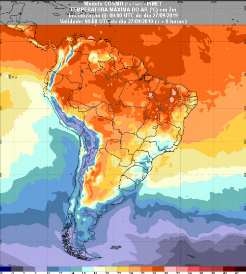 Mapa com a previsão de temperatura máxima para até 93 horas (27/09 a 30/09) em todo o Brasil - Fonte: Inmet