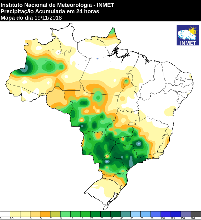 Mapa de precipitação acumulada nas últimas 24 horas em todo o Brasil - Fonte: Inmet