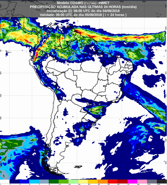 Mapa com a previsão de precipitação para até 72 horas (05/06 a 07/06) em todo o Brasil - Fonte: Inmet