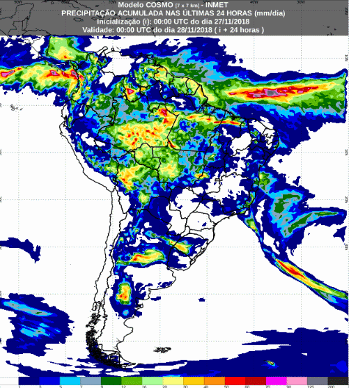Mapa com a previsão de precipitação acumulada para até 72 horas (28/11 a 30/11) em todo o Brasil - Fonte: Inmet