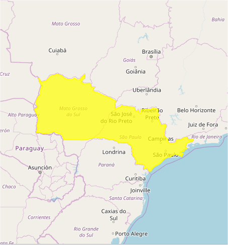 Mapa das áreas com previsão de altos acumulados nesta 3ª feira / SP e MS - Fonte: Inmet
