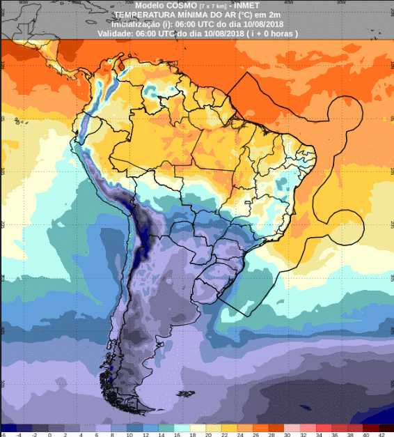 Mapa com a previsão de temperatura mínima para até 72 horas (11/08 a 13/08) em todo o Brasil - Fonte: Inmet