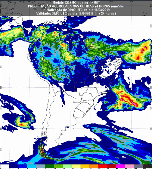 Mapa com a previsão de precipitação acumulada para até 93 horas (19/04 a 21/04) em todo o Brasil - Fonte: Inmet
