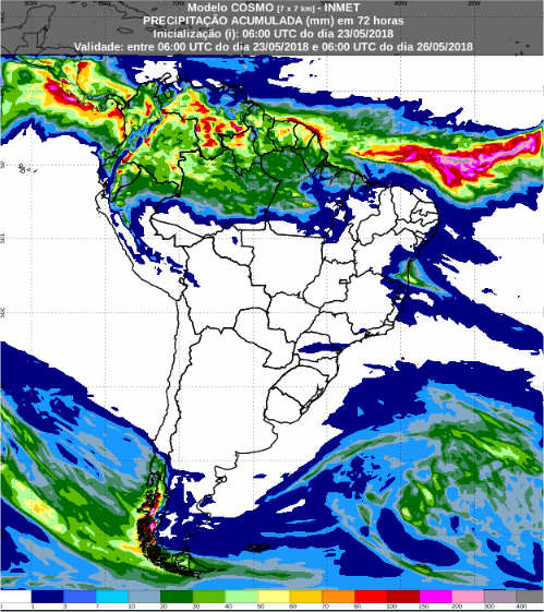 Mapa com a previsão de precipitação acumulada para os próximos 7 dias para todo o Brasil - Fonte: Inmet