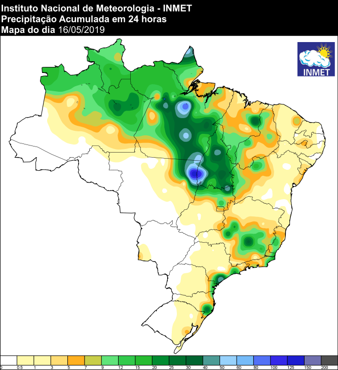 Mapa com a precipitação acumulada em todo o Brasil nas últimas 24 horas - Fonte: Inmet