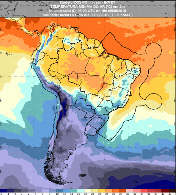 Mapa com a previsão de temperatura mínima para até 72 horas (10/08 a 12/08) em todo o Brasil - Fonte: Inmet