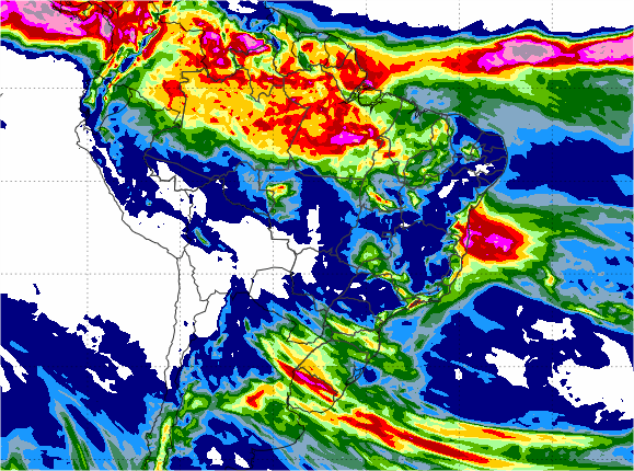 Mapa com a previsão de precipitação acumulada para os próximos 7 dias em todo o Brasil - Fonte: Inmet