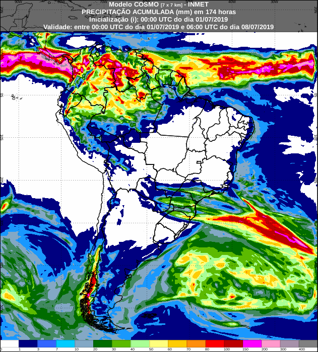 Mapa das áreas com a previsão de precipitação acumulada para os próximos 7 dias - Fonte: Inmet