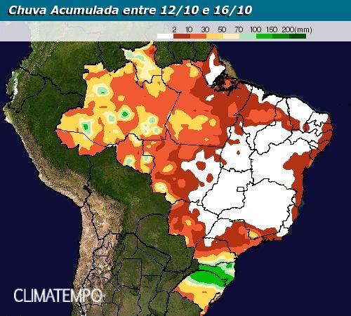 Mapa de precipitação acumulada de 12/10 a 16/10 para todo o Brasil - Fonte: Climatempo