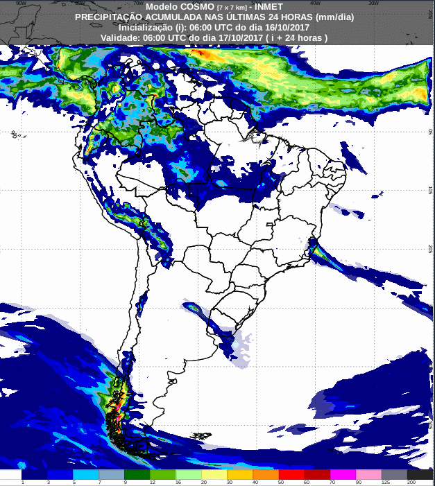 Previsão de precipitação acumulada para até 72 horas (17/10 a 19/10) para o todo do Brasil - Fonte: Inmet