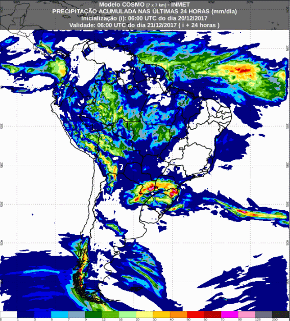 Mapa com a previsão de precipitação acumulada para até 72 horas (20/12 a 22/12) para todo o Brasil  - Fonte: Inmet