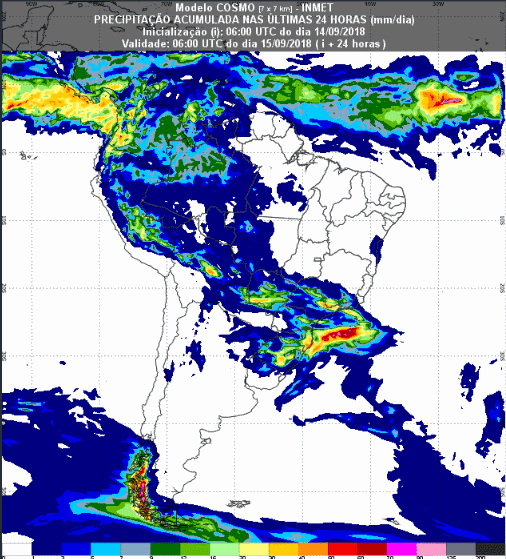 Mapa com a previsão de precipitação acumulada para até 72 horas (15/08 a 17/09) em todo o Brasil - Fonte: Inmet