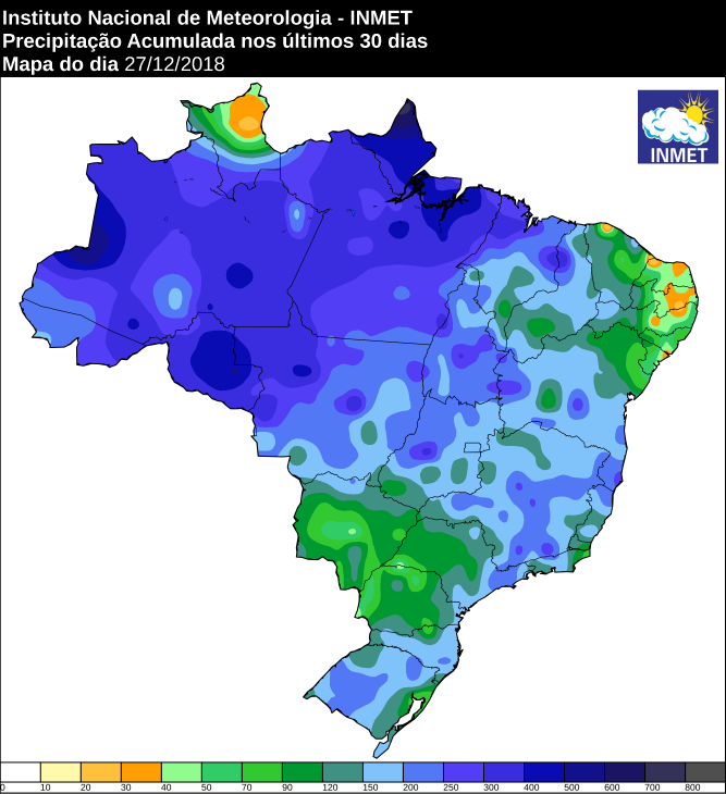 Mapa de precipitação acumulada nos últimos 30 dias em todo o Brasil - Fonte: Inmet