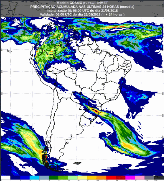 Mapa com a previsão de precipitação acumulada para até 72 horas (22/08 a 24/08) em todo o Brasil - Fonte: Inmet
