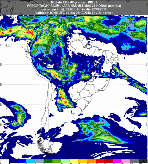 Mapa com a previsão de precipitação acumulada para até 72 horas (23/10 a 25/10) em todo o Brasil - Fonte: Inmet