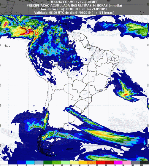 Mapa com a previsão de precipitação acumulada para até 93 horas (25/09 a 27/09) em todo o Brasil - Fonte: Inmet