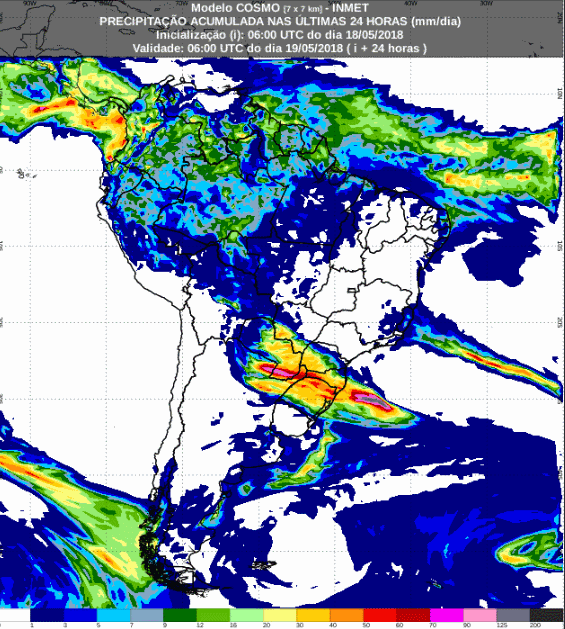 Mapa com a previsão de precipitação acumulada para até 72 horas (19/05 a 21/05) para todo o Brasil - Fonte: Inmet