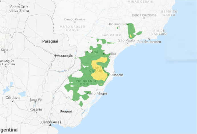 Mapa de risco de geada nesta 4ª feira na região Sul - Fonte: Climatempo