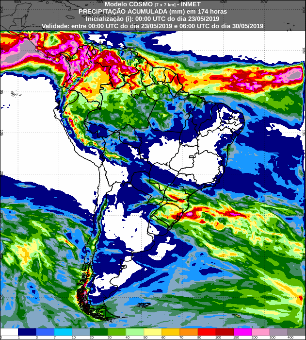 Mapa de precipitação acumulada para os próximos 7 dias em todo o Brasil - Fonte: Inmet