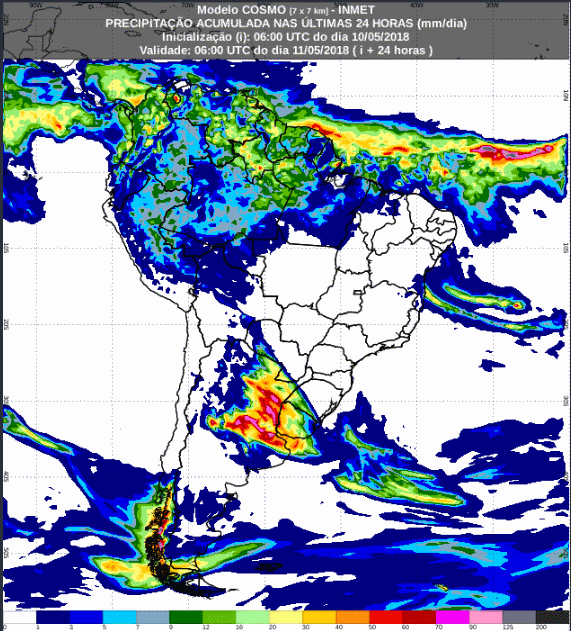 Mapa com a previsão de precipitação acumulada para até 72 horas (11/05 a 13/05) para todo o Brasil - Fonte: Inmet
