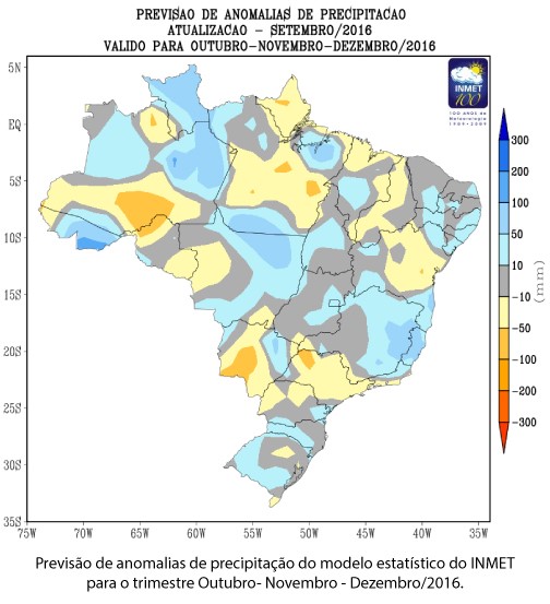 Previsão de anomalias de precipitação do modelo estatístico do INMET para o trimestre Outubro- Novembro - Dezembro/2016
